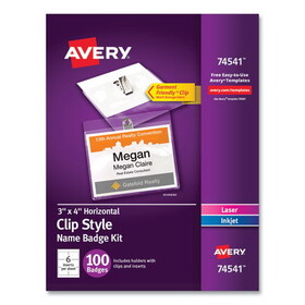 Avery AVE74541 Clip-Style Name Badge Holder with Laser/Inkjet Insert, Top Load, 4 x 3, White, 100/Box
