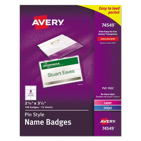 Avery AVE74549 Pin-Style Badge Holder with Laser/Inkjet Insert, Top Load, 3.5 x 2.25, White, 100/Box