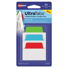 Avery 74754 Ultra Tabs Repositionable Standard Tabs, 1/5-Cut Tabs, Assorted Primary Colors, 2" Wide, 24/Pack
