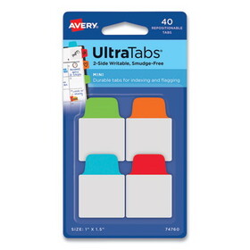 Avery 74760 Ultra Tabs Repositionable Mini Tabs, 1/5-Cut Tabs, Assorted Primary Colors, 1" Wide, 40/Pack
