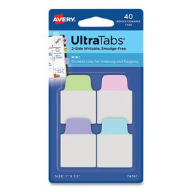Avery AVE74761 Ultra Tabs Repositionable Tabs, Mini Tabs: 1" x 1.5", 1/5-Cut, Assorted Pastel Colors, 40/Pack