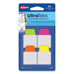 Avery 74762 Ultra Tabs Repositionable Mini Tabs, 1/5-Cut Tabs, Assorted Neon, 1" Wide, 80/Pack