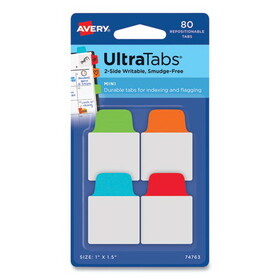 Avery AVE74763 Ultra Tabs Repositionable Tabs, Mini Tabs: 1" x 1.5", 1/5-Cut, Assorted Colors, 80/Pack