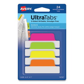 Avery AVE74767 Ultra Tabs Repositionable Tabs, Margin Tabs: 2.5" x 1", 1/5-Cut, Assorted Neon Colors, 24/Pack