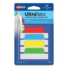 Avery AVE74768 Ultra Tabs Repositionable Tabs, Margin Tabs: 2.5" x 1", 1/5-Cut, Assorted Colors, 24/Pack