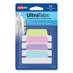 Avery AVE74769 Ultra Tabs Repositionable Tabs, Margin Tabs: 2.5" x 1", 1/5-Cut, Assorted Pastel Colors, 24/Pack