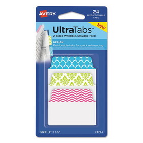 Avery 74774 Ultra Tabs Repositionable Standard Tabs, 1/5-Cut Tabs, Assorted Patterns, 2" Wide, 24/Pack