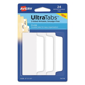 Avery AVE74776 Ultra Tabs Repositionable Tabs, Wide and Slim: 3" x 1.5", 1/3-Cut, White, 24/Pack