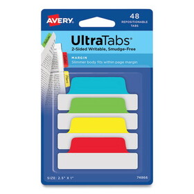 Avery 74866 Ultra Tabs Repositionable Margin Tabs, 1/5-Cut Tabs, Assorted Primary Colors, 2.5" Wide, 48/Pack