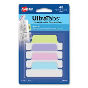 Avery 74867 Ultra Tabs Repositionable Margin Tabs, 1/5-Cut Tabs, Assorted Pastels, 2.5" Wide, 48/Pack