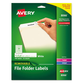 AVERY-DENNISON AVE8066 Removable File Folder Labels with Sure Feed Technology, 0.66 x 3.44, White, 30/Sheet, 25 Sheets/Pack