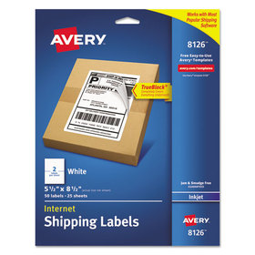 AVERY-DENNISON AVE8126 Shipping Labels w/ TrueBlock Technology, Inkjet Printers, 5.5 x 8.5, White, 2/Sheet, 25 Sheets/Pack