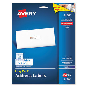 AVERY-DENNISON AVE8160 Easy Peel Inkjet Address Labels, 1 X 2 5/8, White, 750/pack