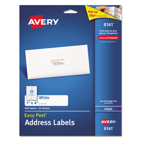 AVERY-DENNISON AVE8161 Easy Peel White Address Labels w/ Sure Feed Technology, Inkjet Printers, 1 x 4, White, 20/Sheet, 25 Sheets/Pack