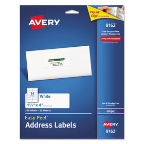 AVERY-DENNISON AVE8162 Easy Peel White Address Labels w/ Sure Feed Technology, Inkjet Printers, 1.33 x 4, White, 14/Sheet, 25 Sheets/Pack