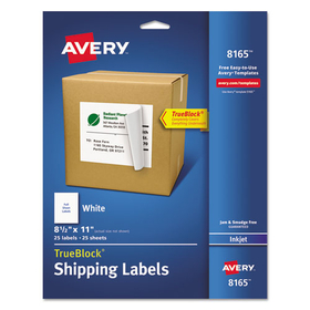 AVERY-DENNISON AVE8165 Shipping Labels W/ultrahold Ad & Trueblock, Inkjet, 8 1/2 X 11, White, 25/pack