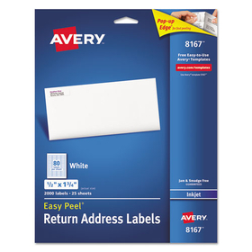 AVERY-DENNISON AVE8167 Easy Peel Inkjet Address Labels, 1/2 X 1 3/4, White, 2000/pack