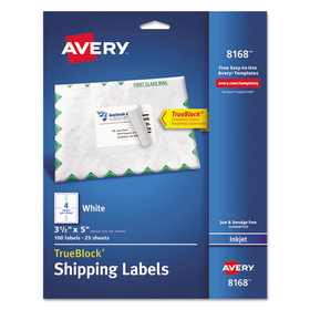 Avery AVE8168 Shipping Labels w/ TrueBlock Technology, Inkjet Printers, 3.5 x 5, White, 4/Sheet, 25 Sheets/Pack