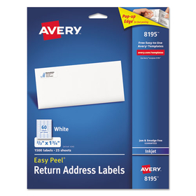 Avery AVE8195 Easy Peel White Address Labels w/ Sure Feed Technology, Inkjet Printers, 0.66 x 1.75, White, 60/Sheet, 25 Sheets/Pack