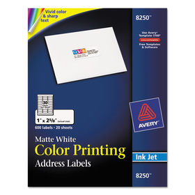 AVERY-DENNISON AVE8250 Color Printing Mailing Labels, 1 X 2 5/8, Matte White, 600/pack