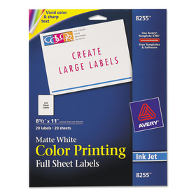AVERY-DENNISON AVE8255 Color Printing Mailing Labels, 8 1/2 X 11, Matte White, 20/pack