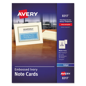 AVERY-DENNISON AVE8317 Note Cards with Matching Envelopes, Inkjet, 80 lb, 4.25 x 5.5, Embossed Matte Ivory, 60 Cards, 2 Cards/Sheet, 30 Sheets/Pack