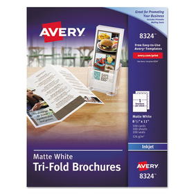 AVERY-DENNISON AVE8324 Tri-Fold Brochures, 92 Bright, 85 lb Text Weight, 8.5 x 11, Matte White, 100/Pack