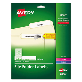 AVERY-DENNISON AVE8366 Permanent TrueBlock File Folder Labels with Sure Feed Technology, 0.66 x 3.44, White, 30/Sheet, 25 Sheets/Pack