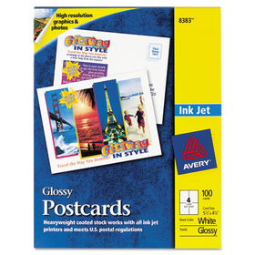 AVERY-DENNISON AVE8383 Photo-Quality Printable Postcards, Inkjet, 74 lb, 4.25 x 5.5, Glossy White, 100 Cards, 4 Cards/Sheet, 25 Sheets/Pack