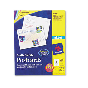 AVERY-DENNISON AVE8387 Printable Postcards, Inkjet, 85 lb, 4.25 x 5.5, Matte White, 200 Cards, 4 Cards/Sheet, 50 Sheets/Box