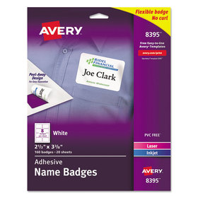 Avery AVE8395 Flexible Adhesive Name Badge Labels, 3.38 x 2.33, White, 160/Pack