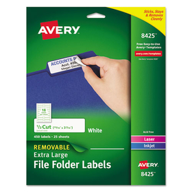 Avery AVE8425 Removable File Folder Labels with Sure Feed Technology, 0.94 x 3.44, White, 18/Sheet, 25 Sheets/Pack