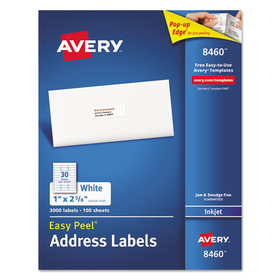 AVERY-DENNISON AVE8460 Easy Peel White Address Labels w/ Sure Feed Technology, Inkjet Printers, 1 x 2.63, White, 30/Sheet, 100 Sheets/Box
