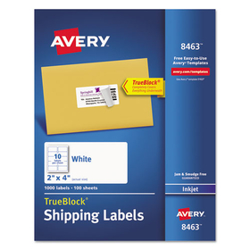 Avery AVE8463 Shipping Labels w/ TrueBlock Technology, Inkjet Printers, 2 x 4, White, 10/Sheet, 100 Sheets/Box