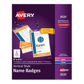 Avery AVE8520 Lanyard-Style Badge Holder w/Laser/Inkjet Inserts, Top Load, 4.25 x 6, WE, 25/PK