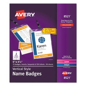 Avery 08521 Lanyard-Style Badge Holder w/Laser/Inkjet Inserts, Top Load, 4.25 x 6, WE, 75/PK