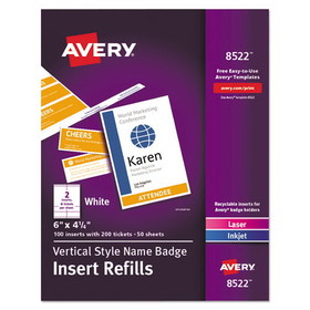 Avery AVE8522 Name Badge Insert Refills, Vertical, 4 1/4 x 6, White, 100/Pack