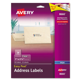 AVERY-DENNISON AVE8660 Matte Clear Easy Peel Mailing Labels w/ Sure Feed Technology, Inkjet Printers, 1 x 2.63, Clear, 30/Sheet, 25 Sheets/Pack