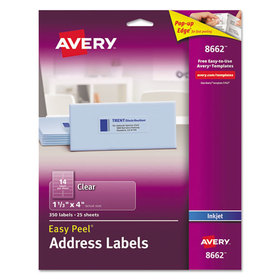Avery AVE8662 Matte Clear Easy Peel Mailing Labels w/ Sure Feed Technology, Inkjet Printers, 1.33 x 4, Clear, 14/Sheet, 25 Sheets/Pack