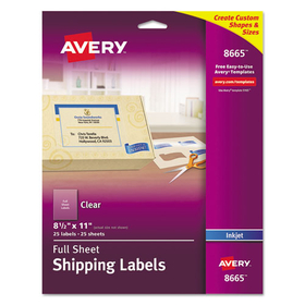 Avery AVE8665 Matte Clear Shipping Labels, Inkjet Printers, 8.5 x 11, Clear, 25/Pack