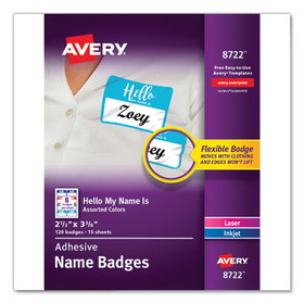 Avery 08722 Flexible Adhesive Name Badge Labels, "Hello", 3 3/8 x 2 1/3, Assorted, 120/PK
