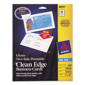 Avery AVE8859 Two-Sided Clean Edge Business Cards, Inkjet, 2 X 3 1/2, Glossy White, 200/pack