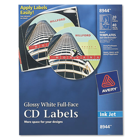 AVERY-DENNISON AVE8944 Inkjet Full-Face Cd Labels, Glossy White, 20/pack