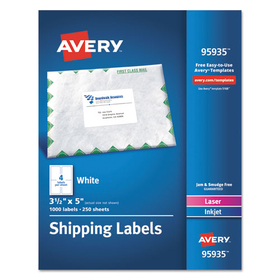Avery AVE95935 White Shipping Labels-Bulk Packs, Inkjet/Laser Printers, 3.5 x 5, White, 4/Sheet, 250 Sheets/Box
