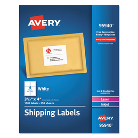 Avery AVE95940 White Shipping Labels, Inkjet/laser, 3 1/3 X 4, White, 1500/box