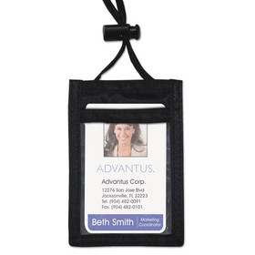 Advantus AVT75453 ID Badge Holders with Convention Neck Pouch, Vertical, Black/Clear 3.25" x 5" Holder, 2.38" x 3.5" Insert, 48" Cord, 12/Pack