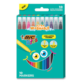 BIC BICBKCM10AST Kids Ultra Washable Markers, Medium Bullet Tip, Assorted Colors, 10/Pack
