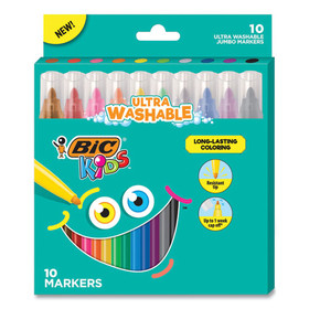 BIC BICBKCMJ10AST Kids Ultra Washable Jumbo Markers, Medium Bullet Tip, Assorted Colors, 10/Pack