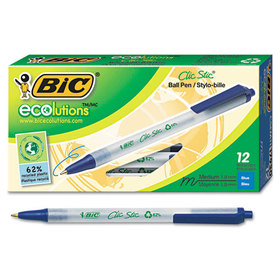 BIC CORPORATION BICCSEM11BE Ecolutions Clic Stic Ballpoint Pen, Retractable, Medium 1 mm, Blue Ink, Translucent Frost/Blue Barrel, Dozen