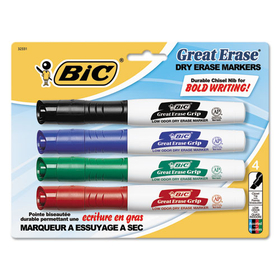 BIC CORPORATION BICGDEMP41ASST Great Erase Grip Chisel Tip Dry Erase Marker, Assorted, 4/set